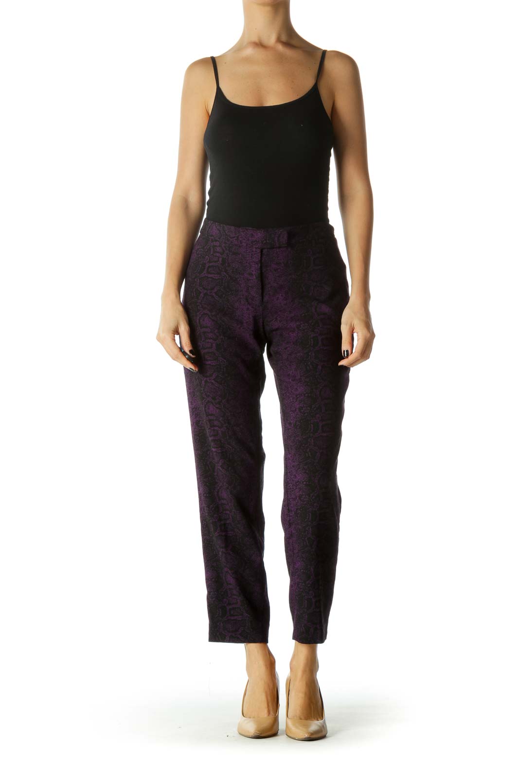 Purple and Black Snake Print Mid Rise Cropped Pants