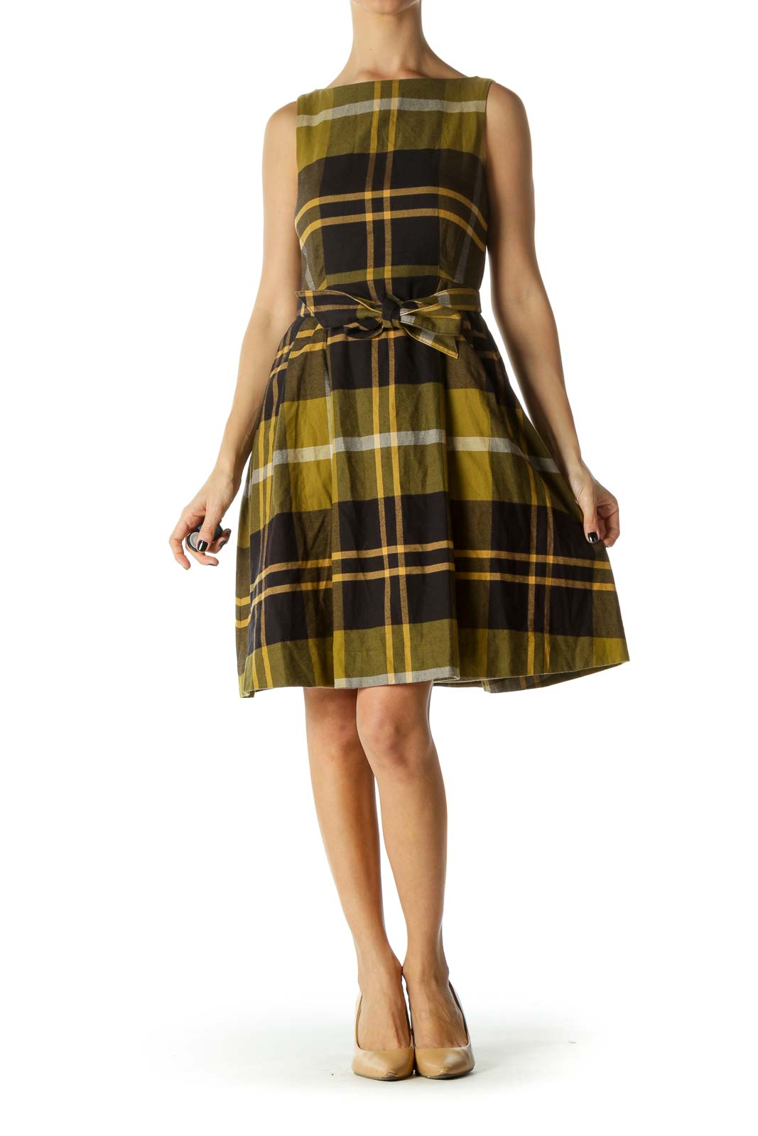 Black, Green and Beige Plaid Pocked Belted Knit Dress