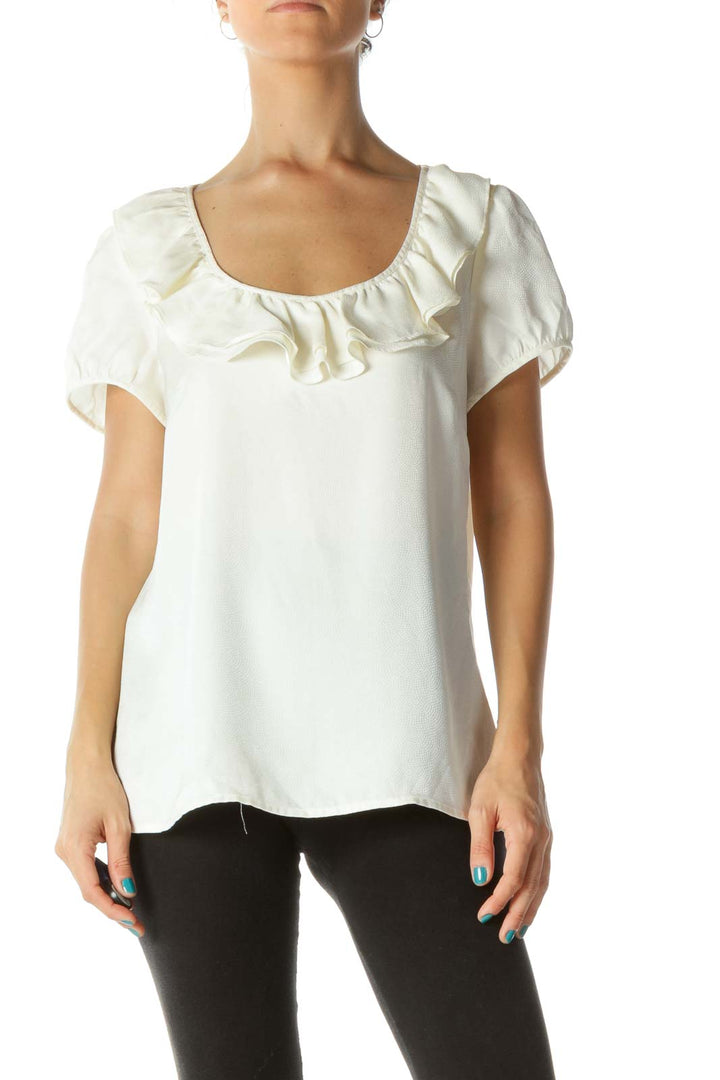 Cream Round Neck Ruffled Collar Blouse