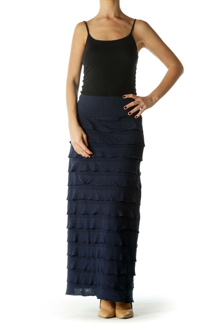 Blue High- Waisted Ruffled Stretch Maxi Skirt