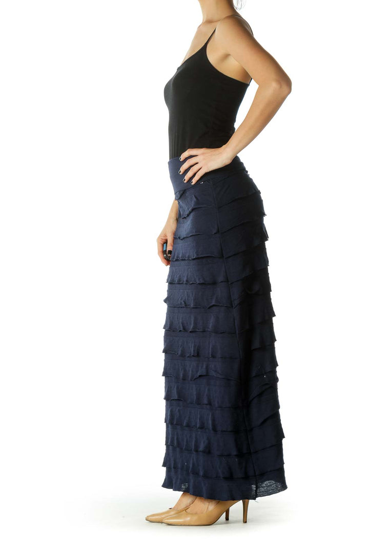 Blue High- Waisted Ruffled Stretch Maxi Skirt