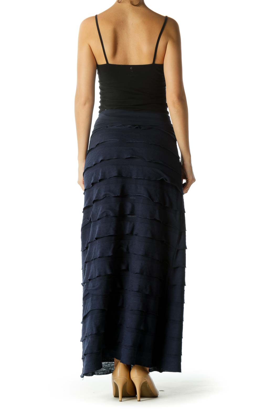 Blue High- Waisted Ruffled Stretch Maxi Skirt