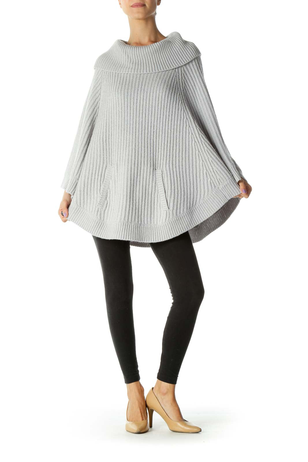 Gray Knit Cowl Neck Poncho