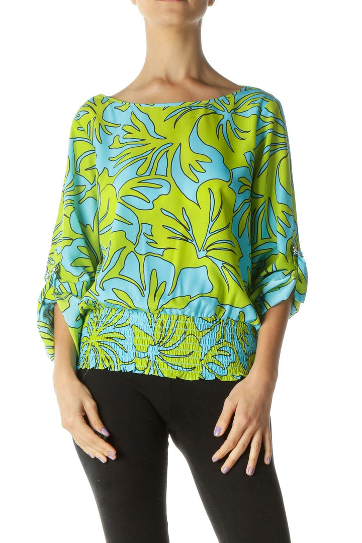 Blue and Green Shirring Waist Blouse