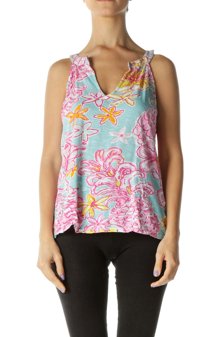 Blue and Pink Multicolor Floral Print Tank Top