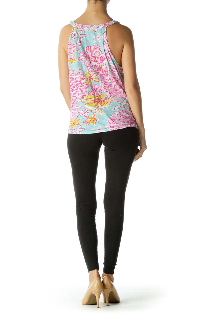 Blue and Pink Multicolor Floral Print Tank Top