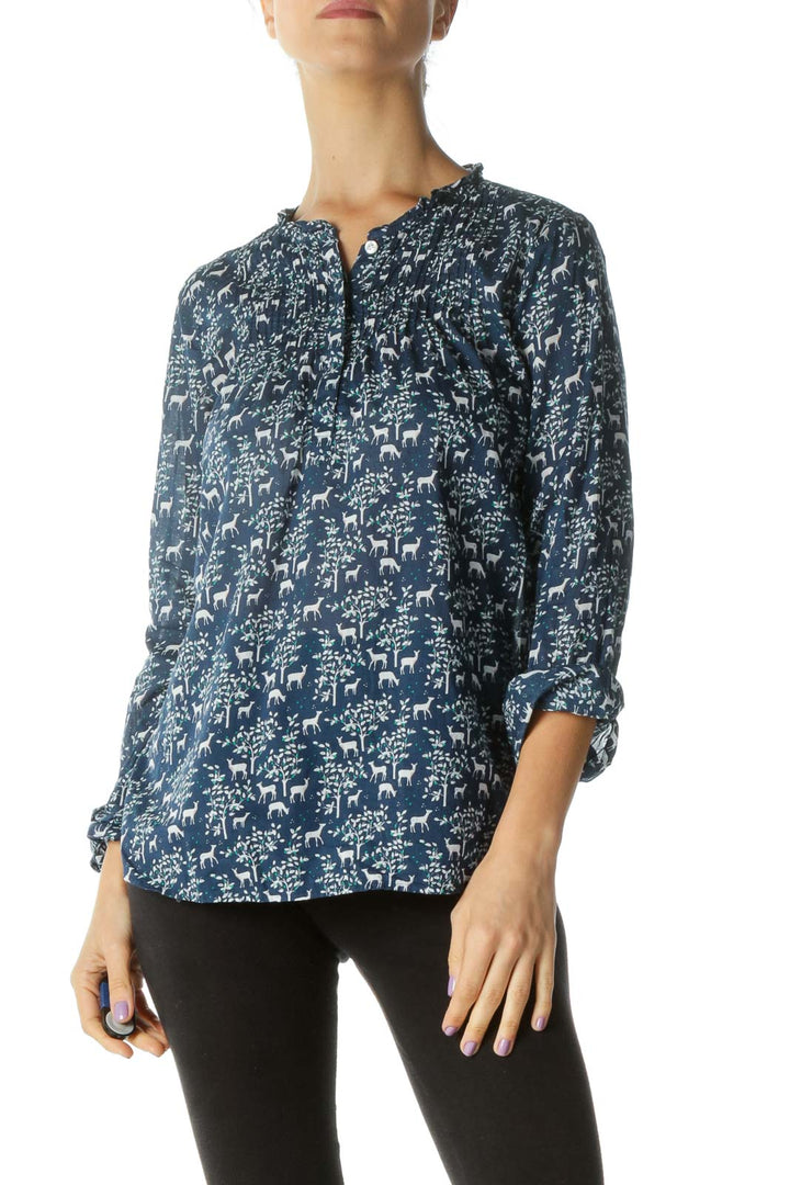 Blue White Deer Print V-Neck Buttoned Shirt