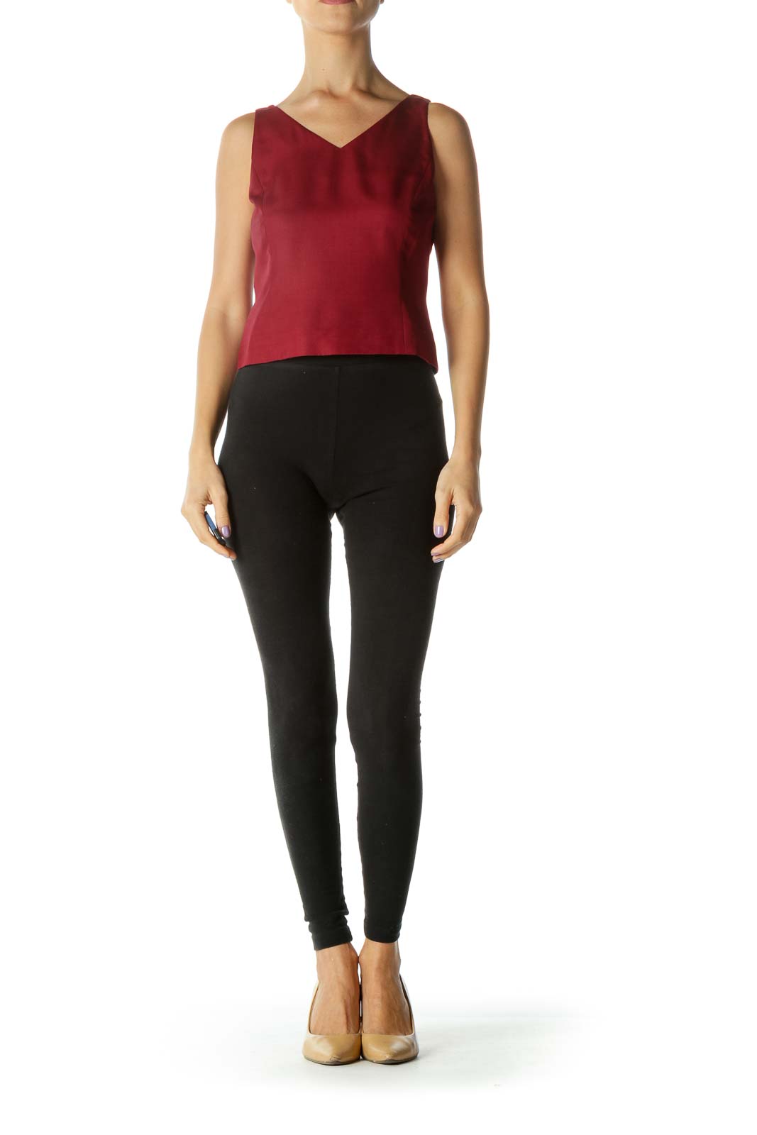 Burgundy Red Silk V-Neck Sleeveless Top