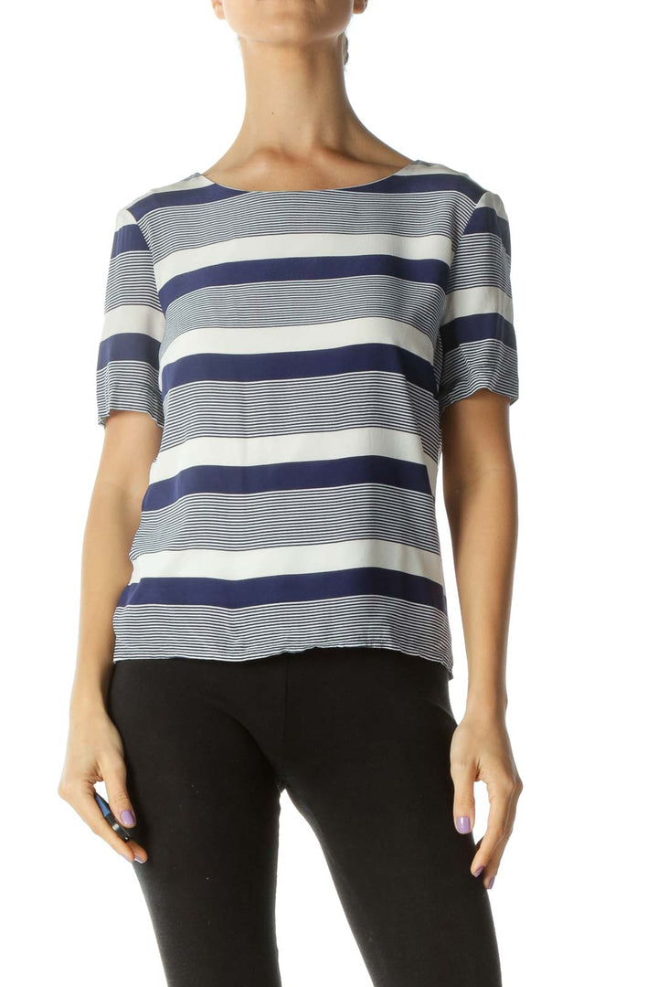 Blue Cream Silk Boat Neck Striped T-Shirt