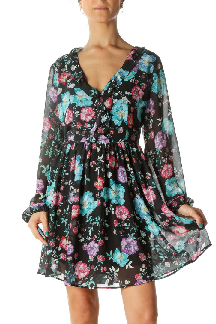 Black Floral Print Long Sleeve Deep V-Neck Day Dress