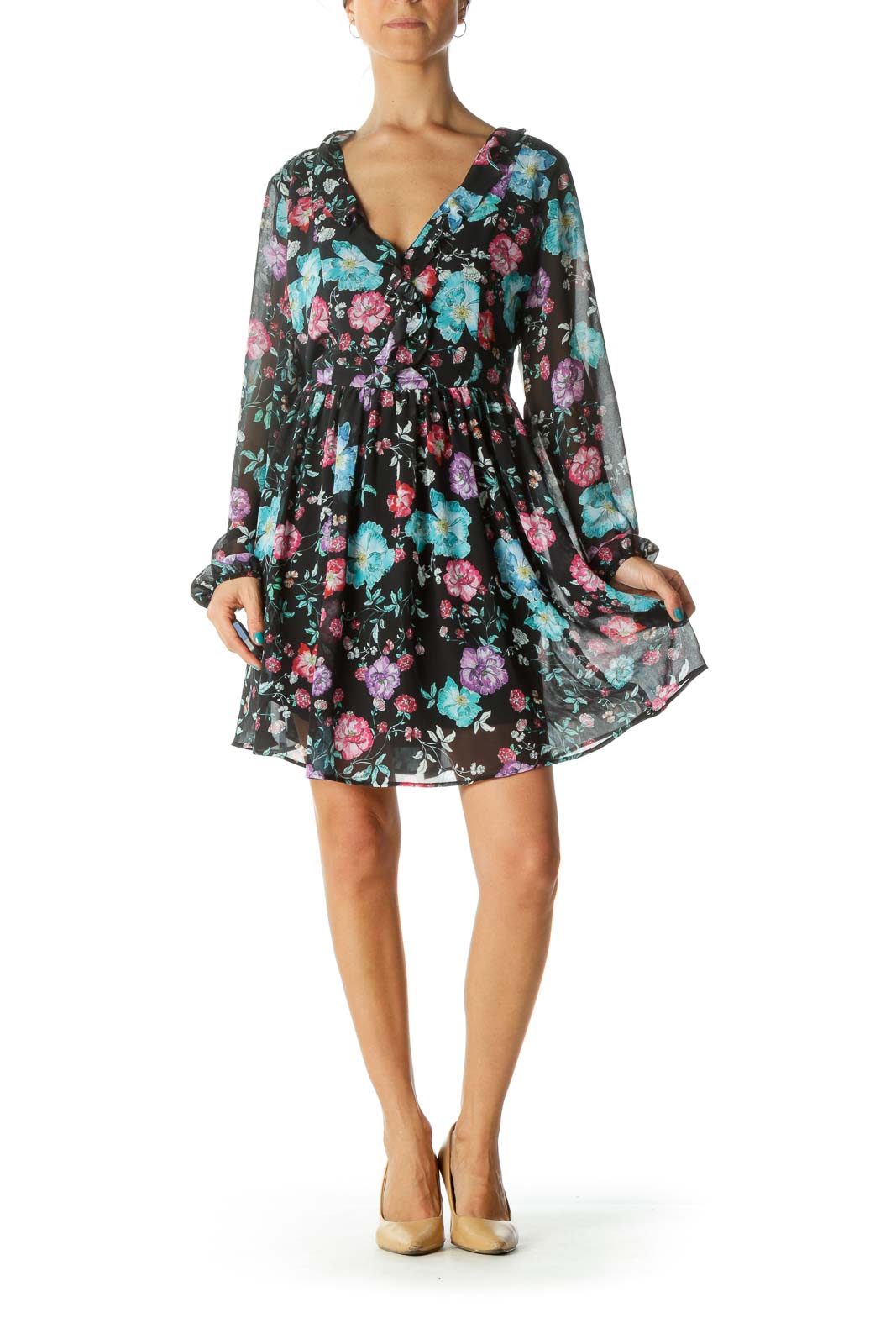 Black Floral Print Long Sleeve Deep V-Neck Day Dress