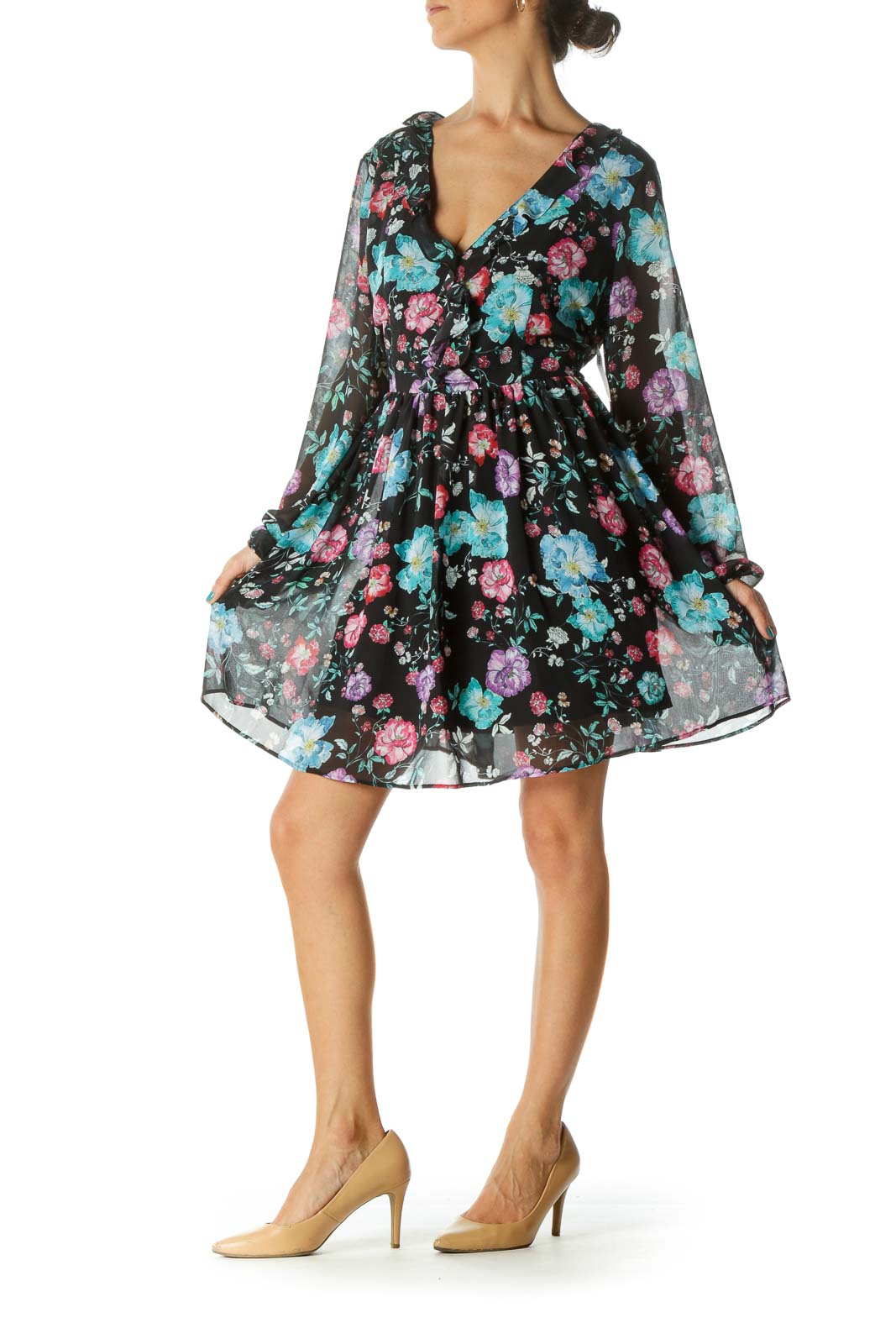 Black Floral Print Long Sleeve Deep V-Neck Day Dress