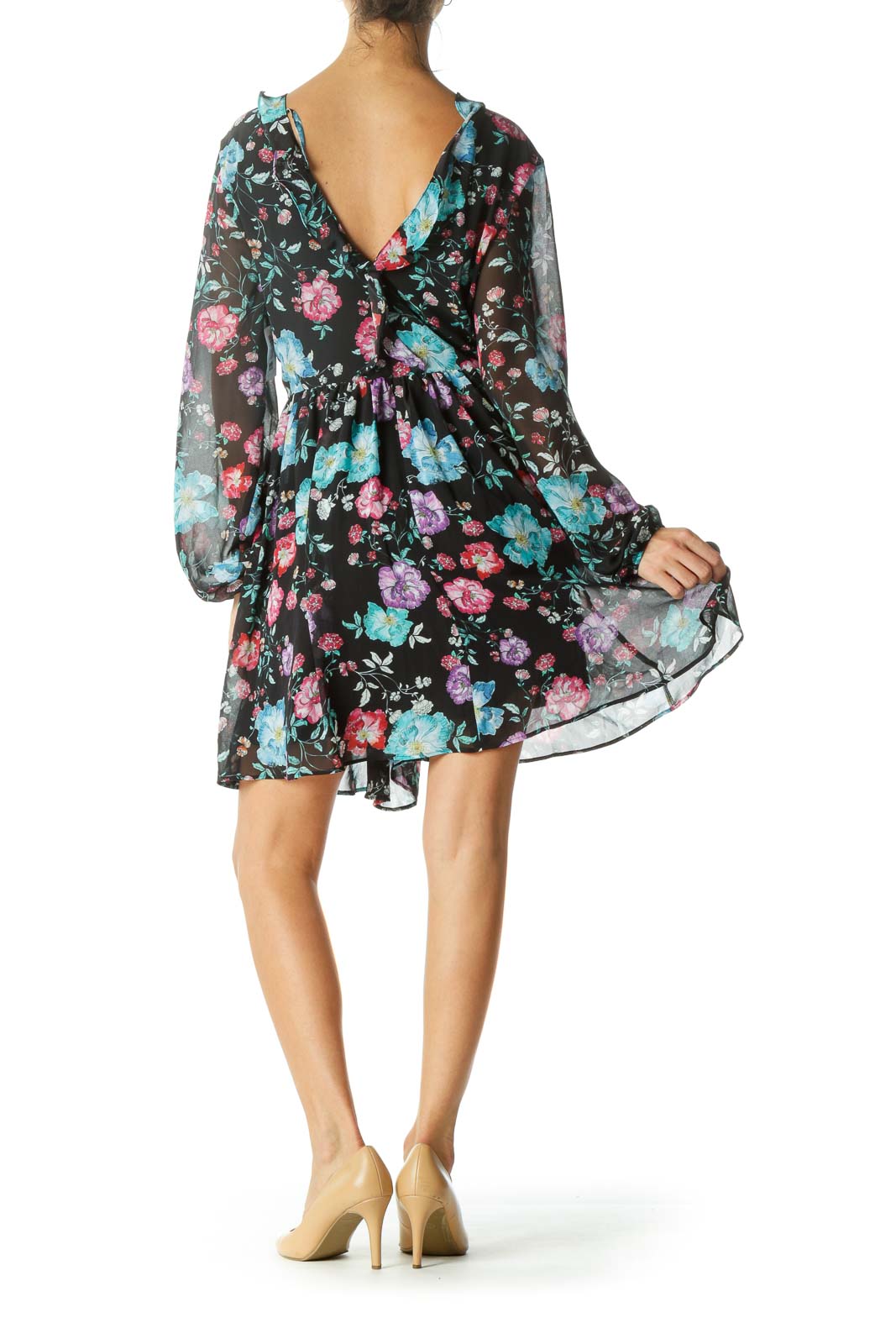 Black Floral Print Long Sleeve Deep V-Neck Day Dress