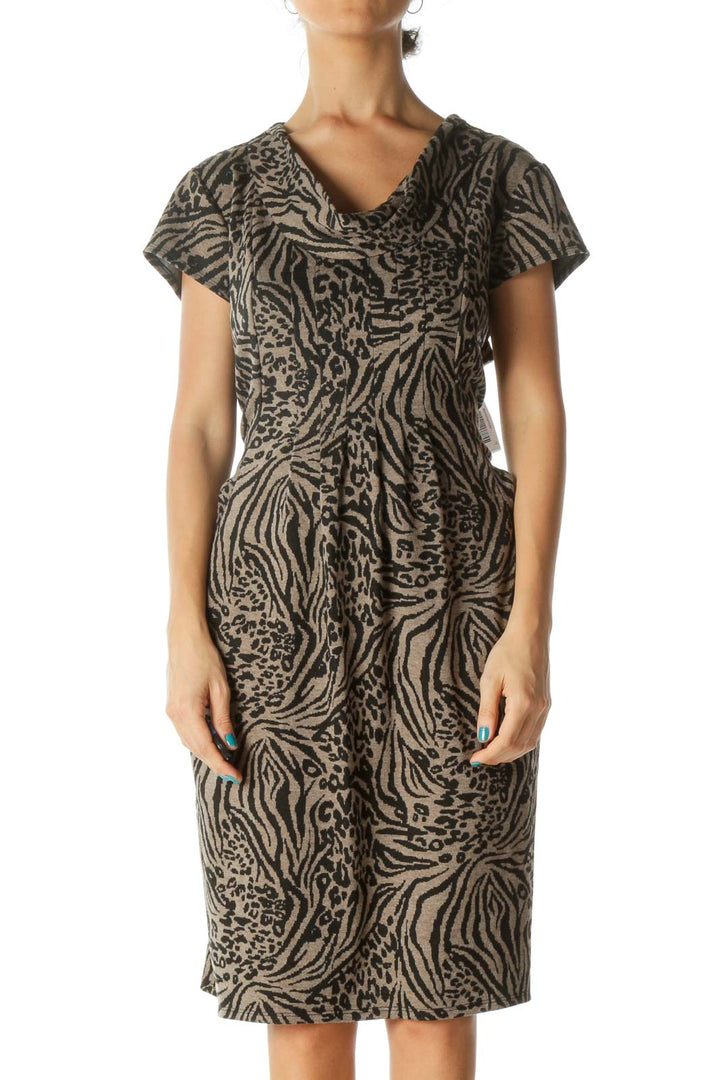 Brown and Black Animal Print Cowl Neck Cap Sleeve Knit Dress