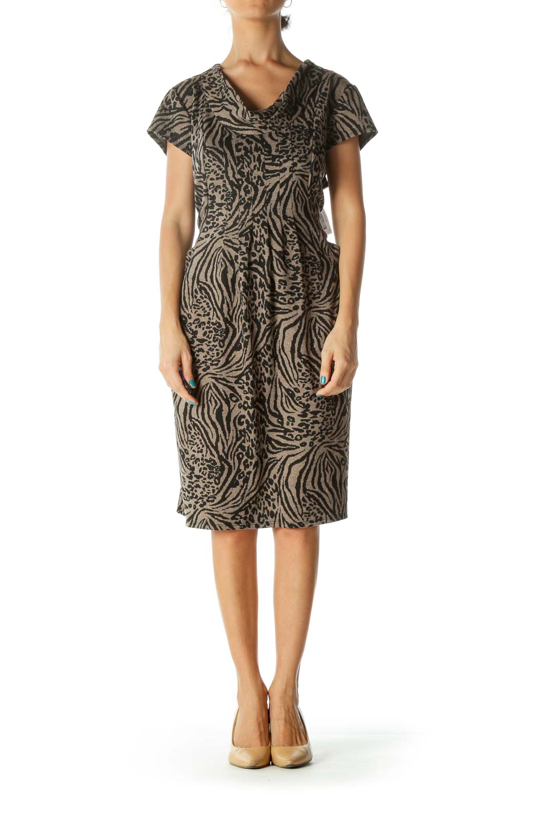 Brown and Black Animal Print Cowl Neck Cap Sleeve Knit Dress