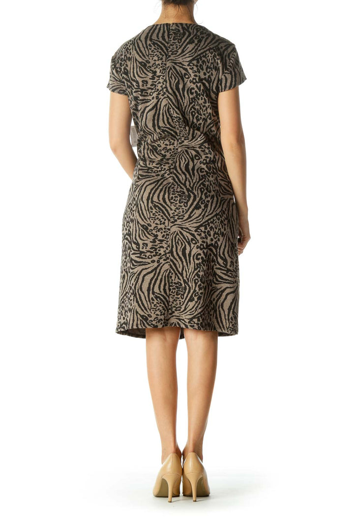 Brown and Black Animal Print Cowl Neck Cap Sleeve Knit Dress