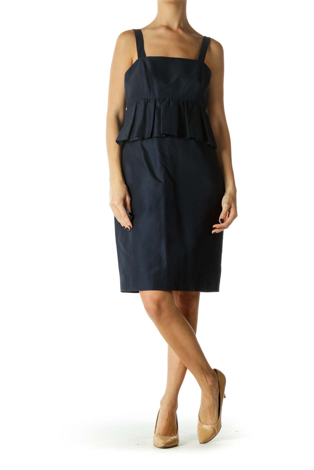 Blue Spaghetti Strap Ruffled Work Dress