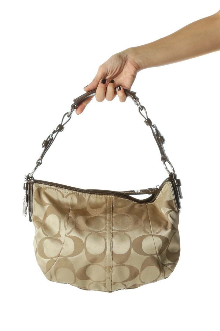 Beige and Brown Silver Hardware Pocketed Shoulder Bag