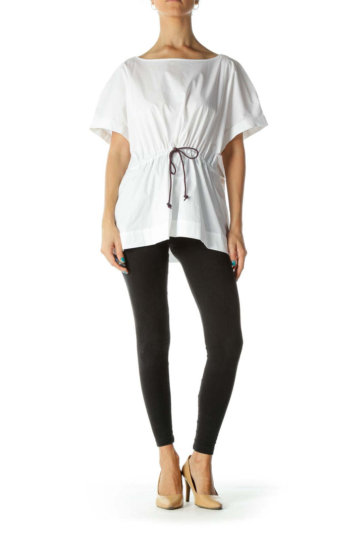 White Cap Sleeve Waist- Tie Round Neck Shirt