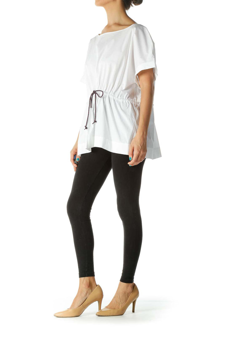 White Cap Sleeve Waist- Tie Round Neck Shirt