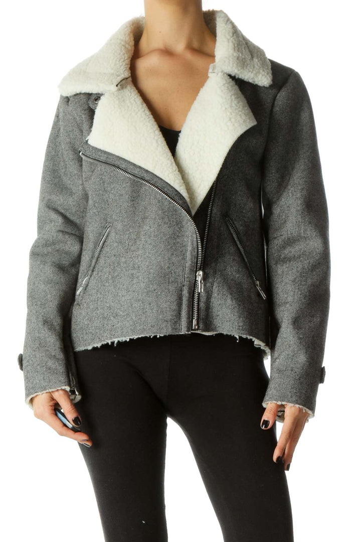 Gray & White Shearling Textured Zippered Jacket