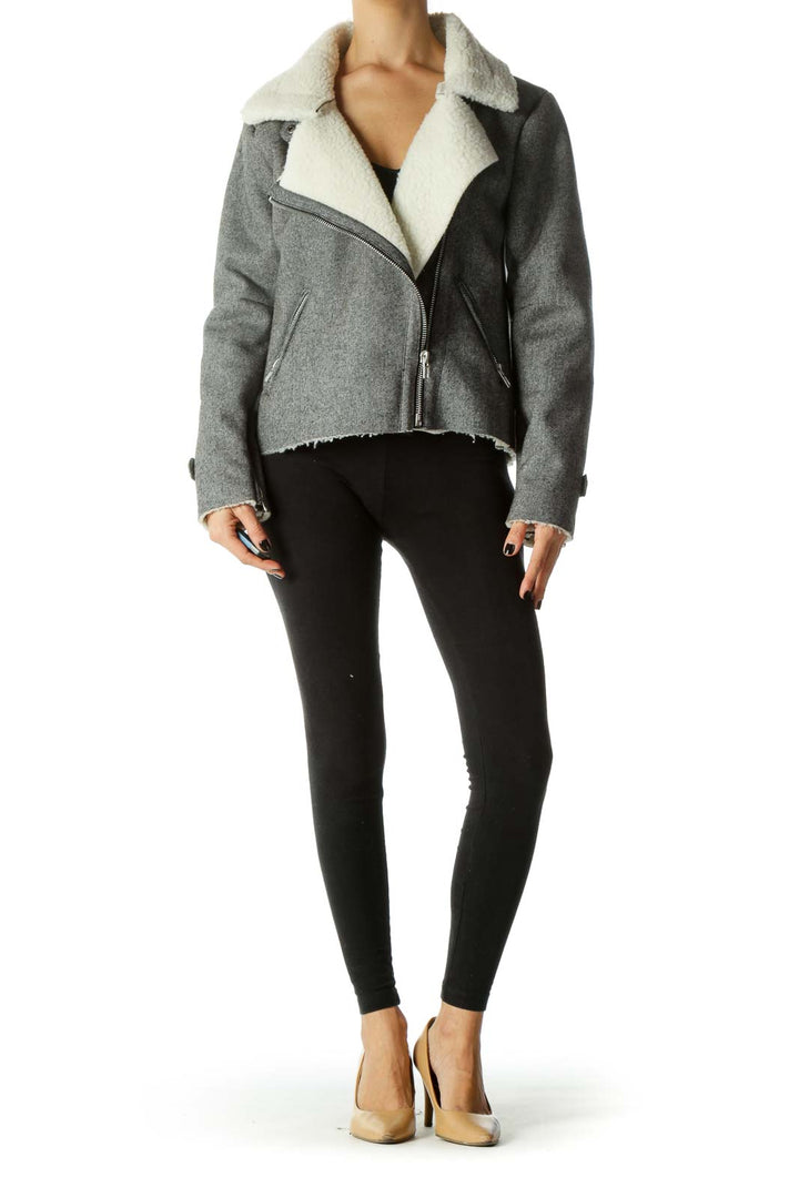 Gray & White Shearling Textured Zippered Jacket