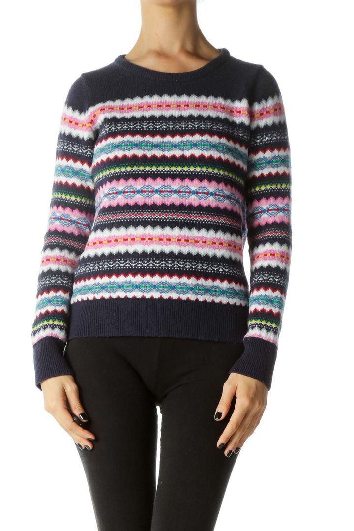 Blue and Multicolored Long Sleeve Round Neck Sweater