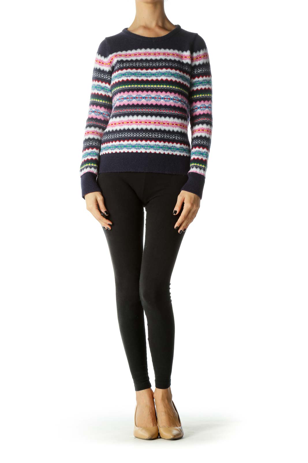 Blue and Multicolored Long Sleeve Round Neck Sweater