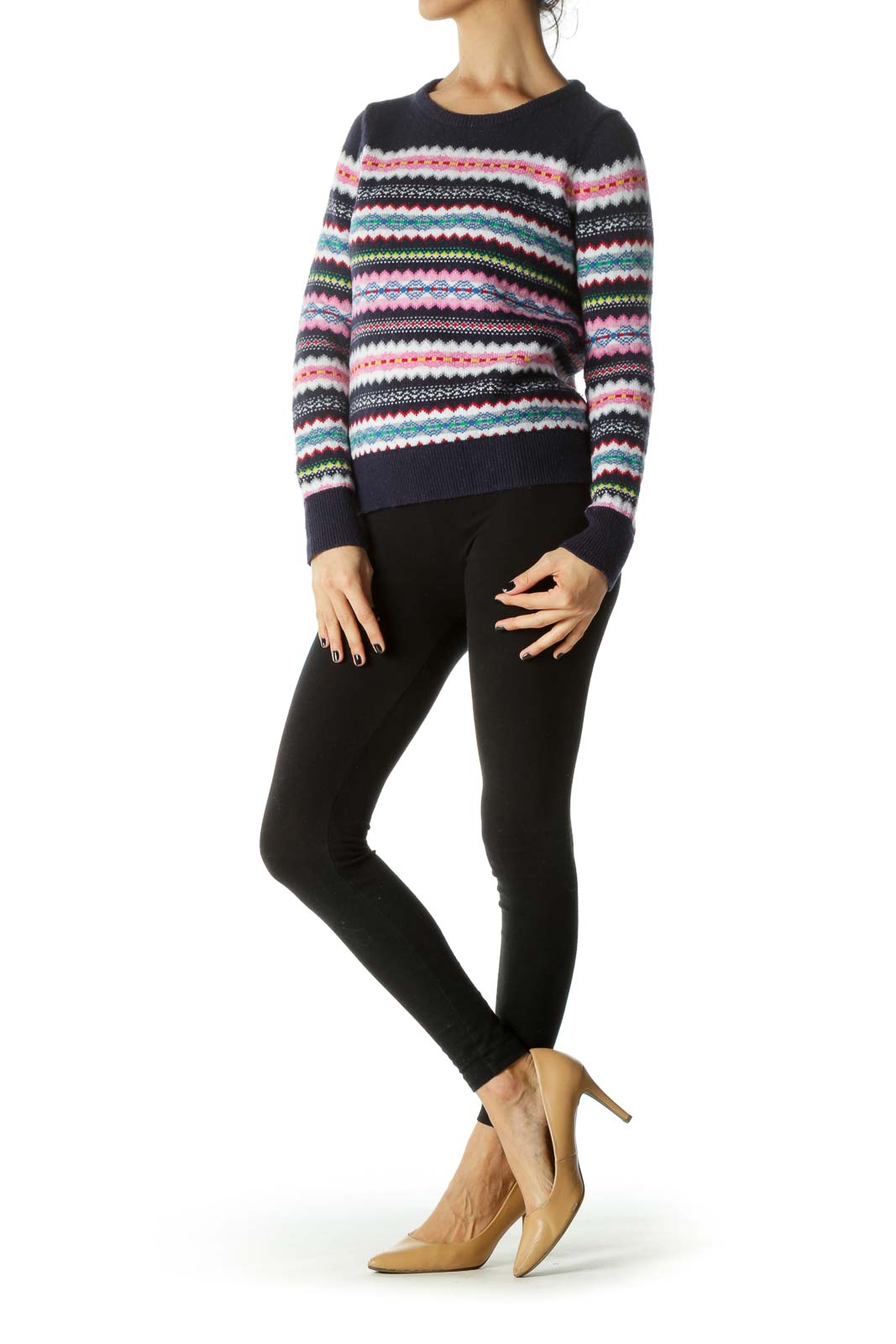 Blue and Multicolored Long Sleeve Round Neck Sweater