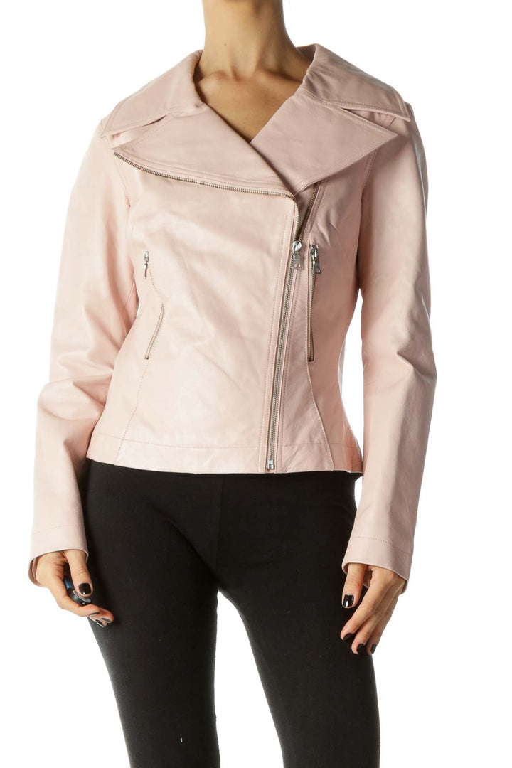 Pink Silver Hardware Leather Moto-Jacket