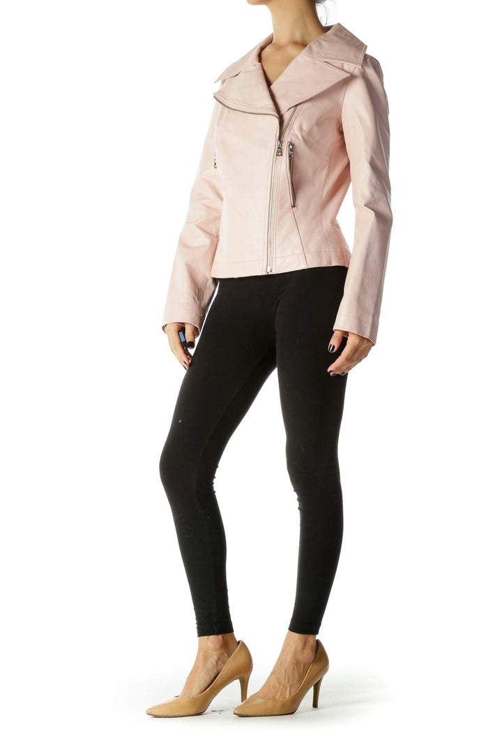 Pink Silver Hardware Leather Moto-Jacket