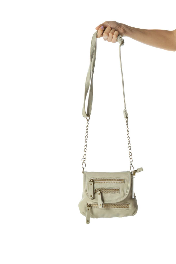 Cream Zippered Crossbody Bag with Removable Chain Strap