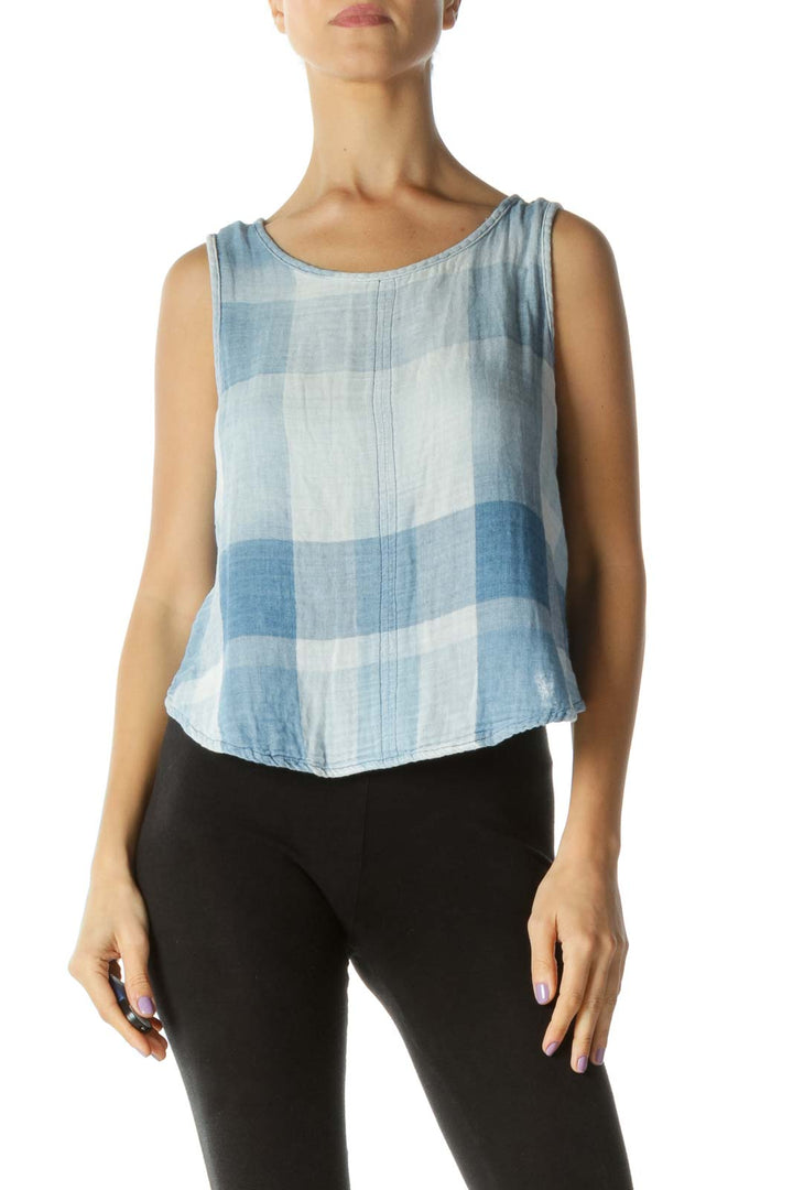 Blue Plaid Button Back Tank Top