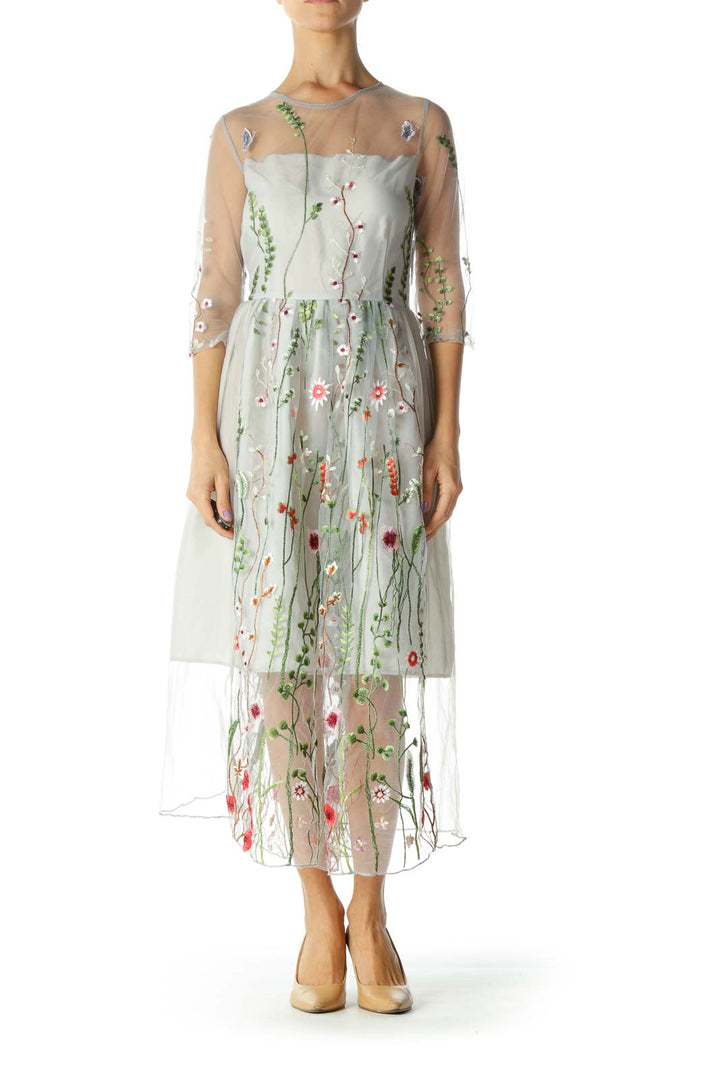 Gray Evening Dress with Garden Embroidery