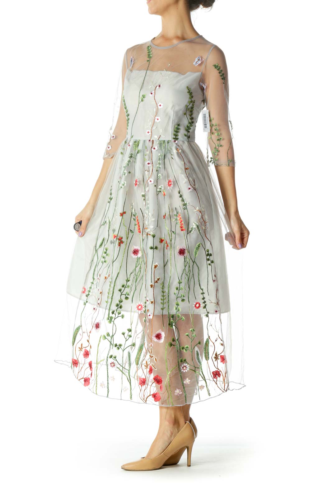 Gray Evening Dress with Garden Embroidery