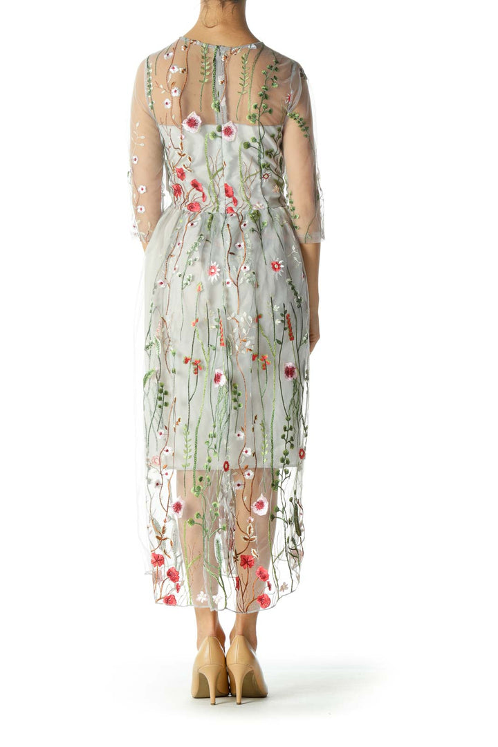 Gray Evening Dress with Garden Embroidery