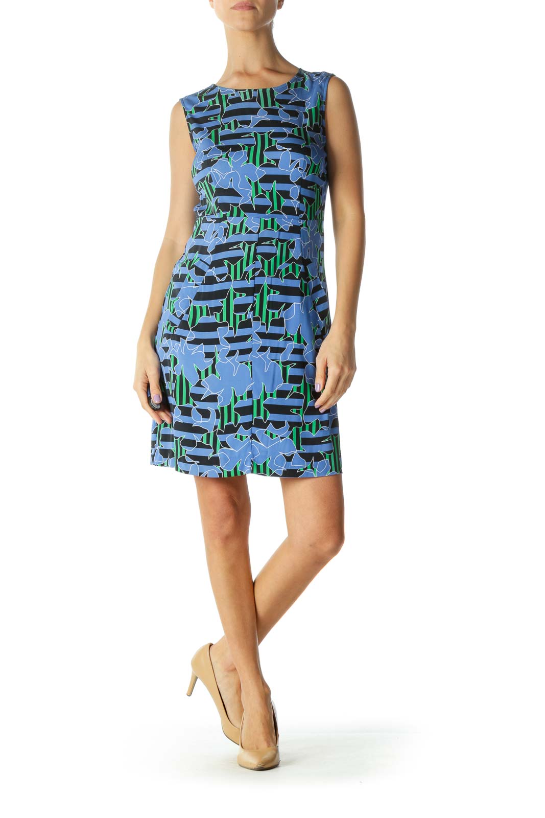 Black and Blue Striped Print Sheath Dress