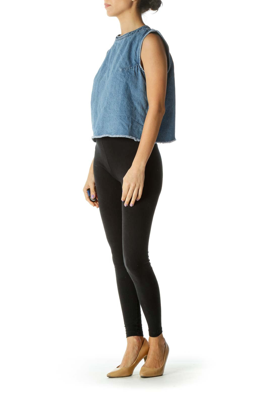 Blue Denim Mock Neck Sleeveless Top