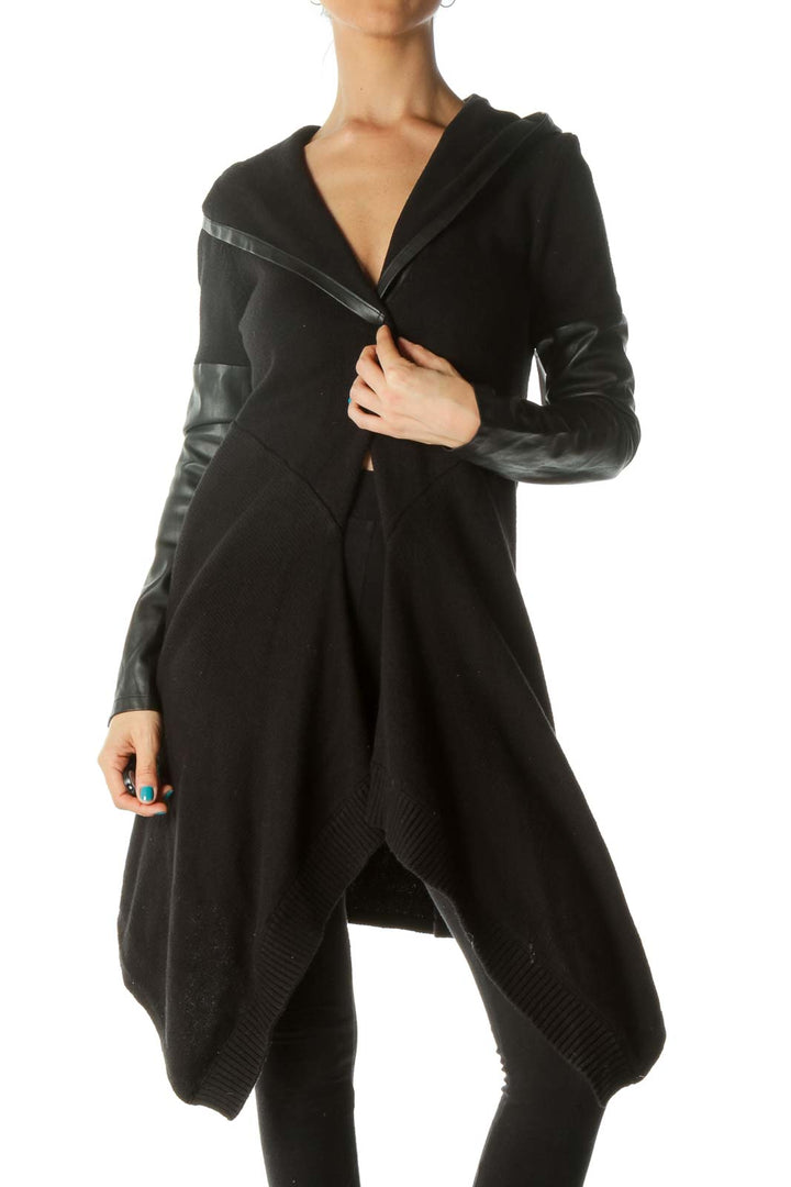 Black Faux Leather Hooded Cardigan