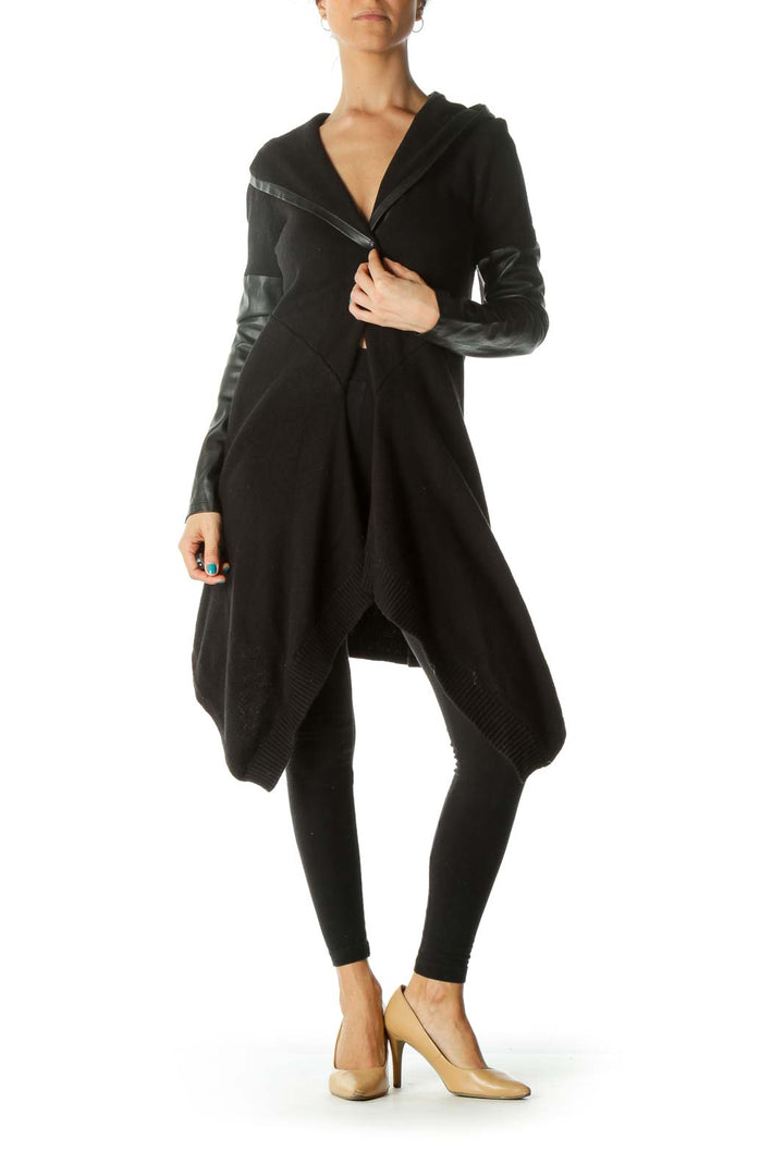 Black Faux Leather Hooded Cardigan