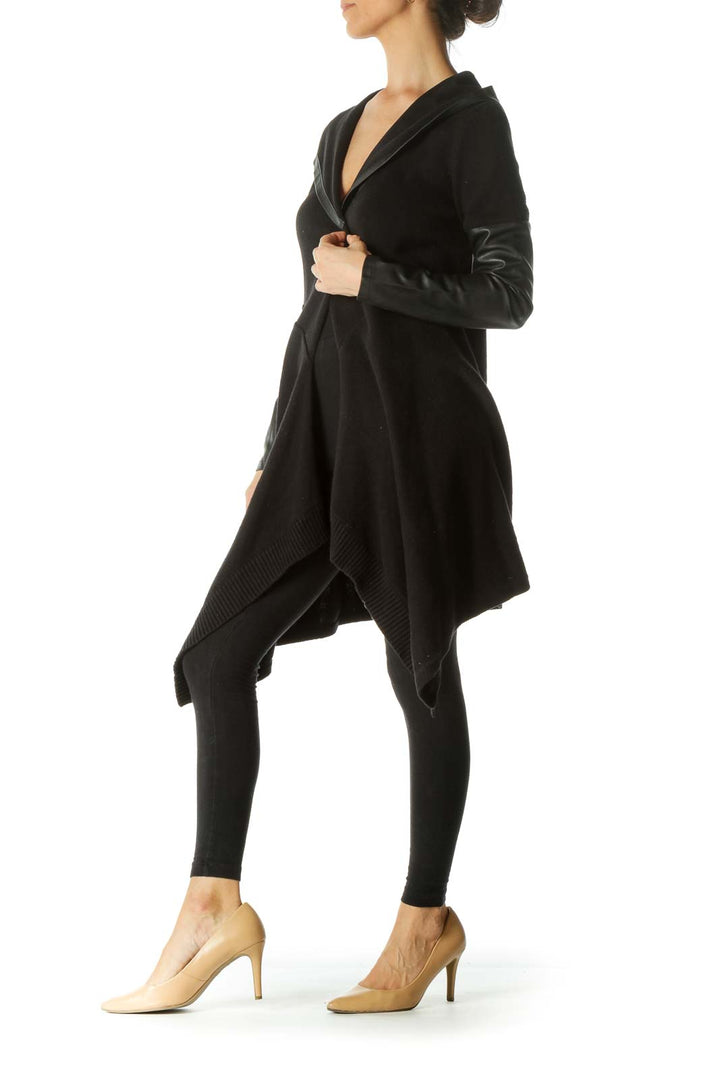 Black Faux Leather Hooded Cardigan