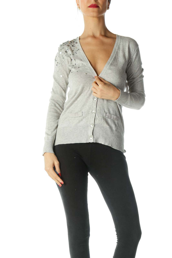 Gray Sequin Detail Pocketed Sweater