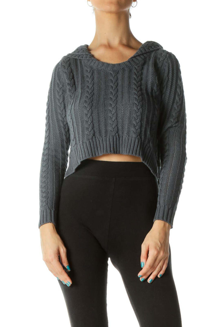 Navy Cropped Cable Knit Sweater