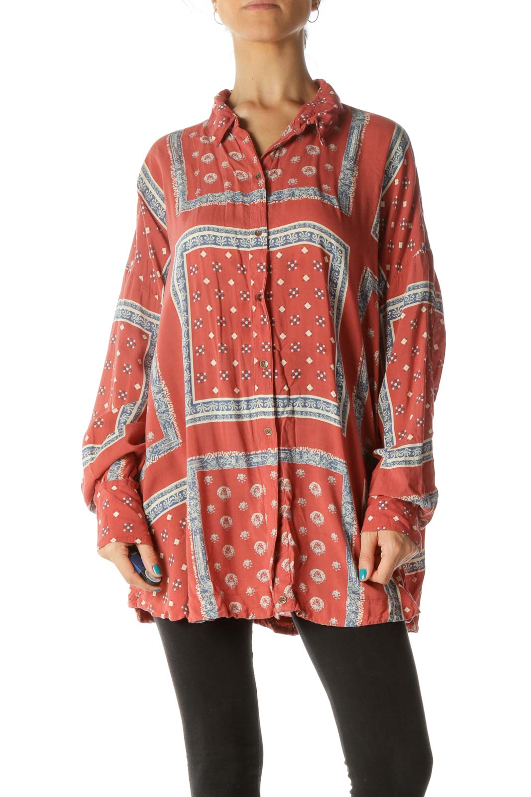 Front view of coral patterned oversized button-down shirt from Free People