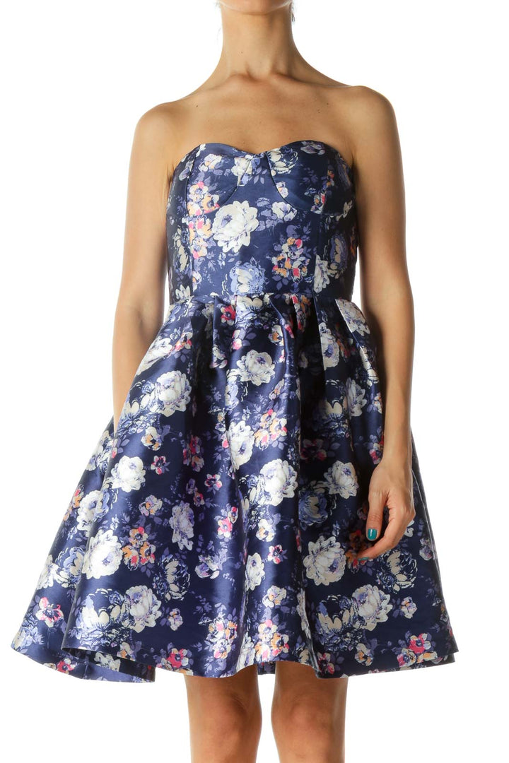 Purple Strapless Floral Print Cocktail Dress