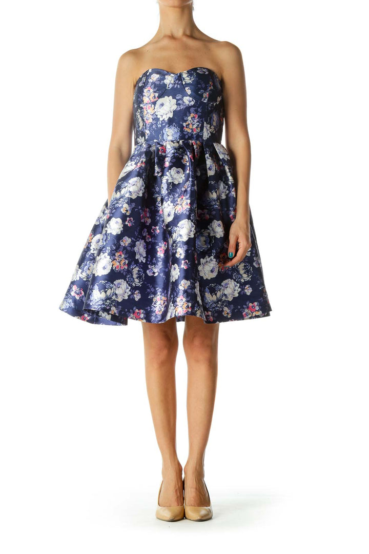 Purple Strapless Floral Print Cocktail Dress