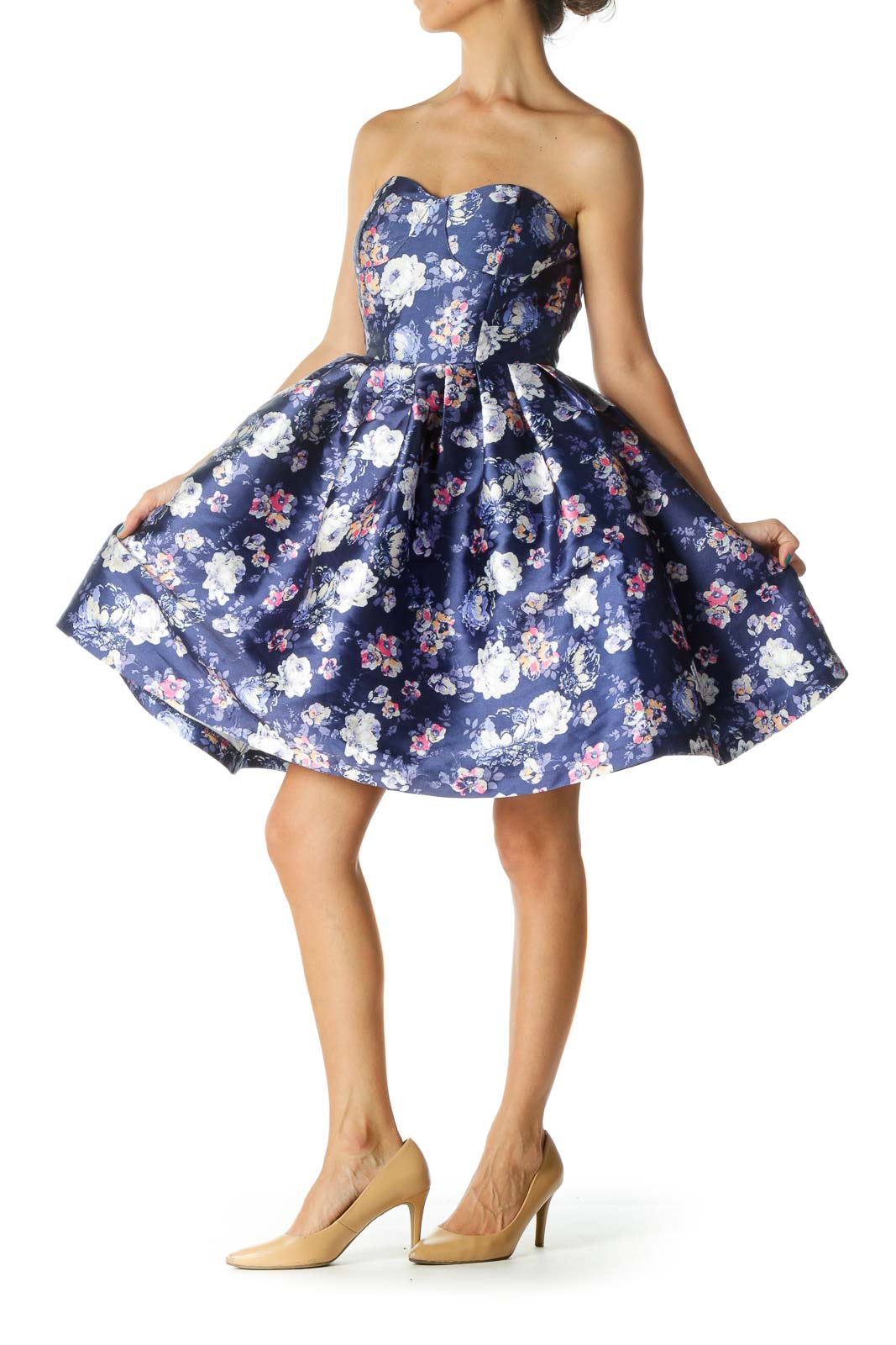 Purple Strapless Floral Print Cocktail Dress