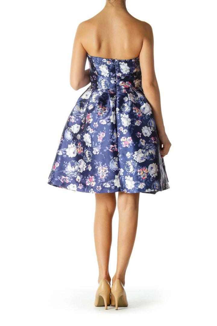 Purple Strapless Floral Print Cocktail Dress