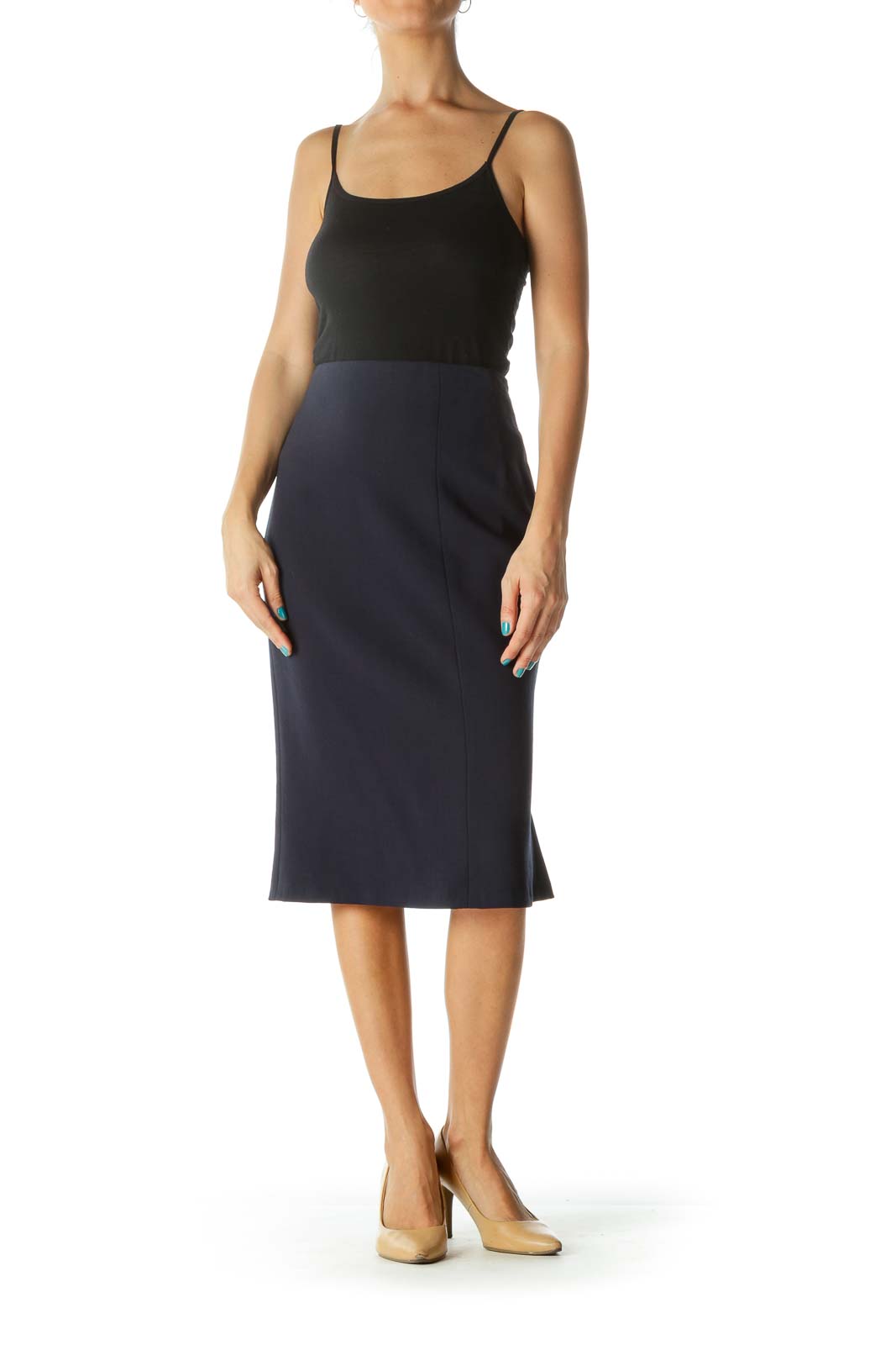 Navy Pleated Zippered Pencil Skirt