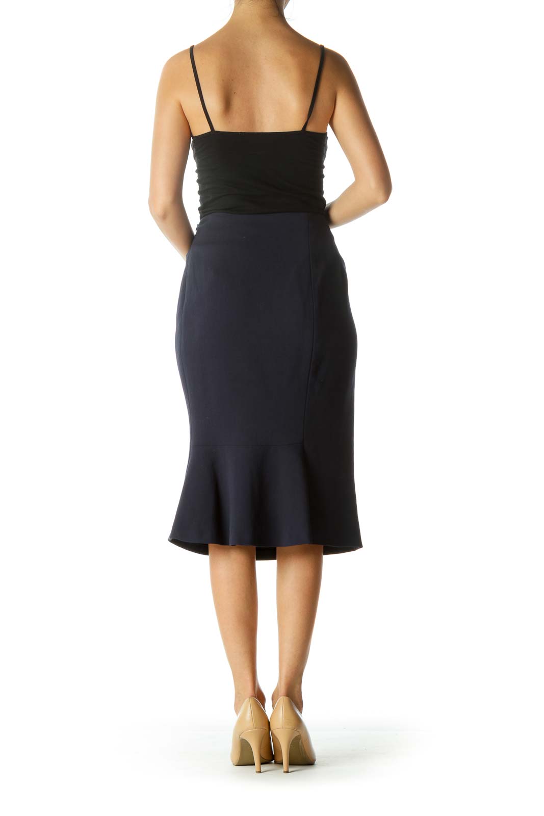 Navy Pleated Zippered Pencil Skirt